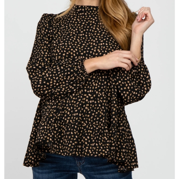 Black Animal Print Mock Neck Tiered Maternity Top - Picture 3 of 7